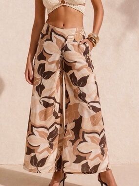 Boho Wrap Style Tan Floral Lightweight Flowy Pants Size Small, New